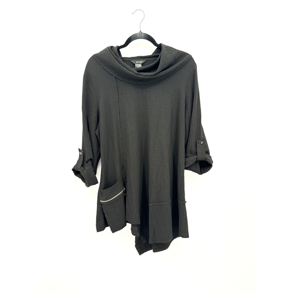 Ali Miles Tunic Women L Black Cowl Neck Asymmetric Textured Knit Zip Pocket Top